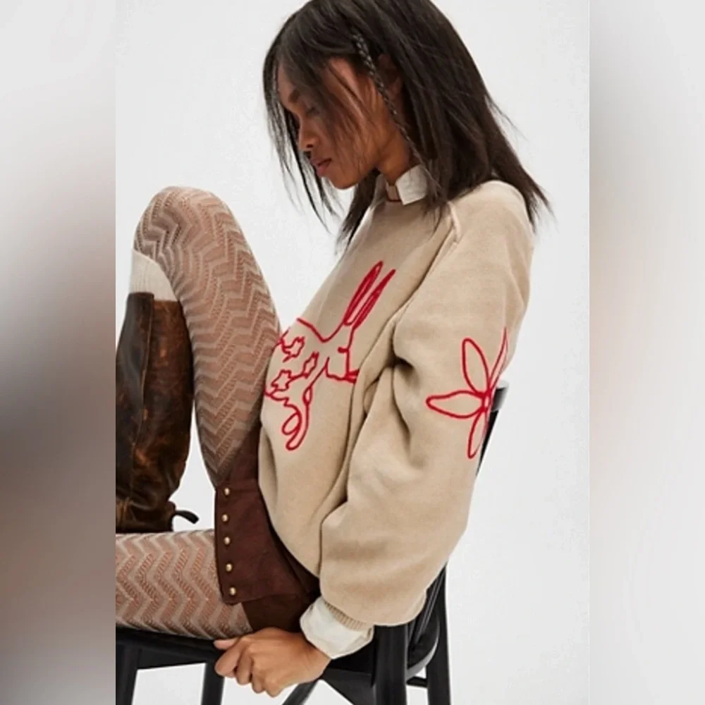 Free People We The Free Graphic Crewneck Sweater Embroidered Bunny Size … - Picture 3 of 15